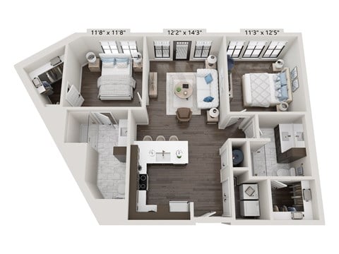 Floor plan for 2 beds, 2 baths, 1108 sqft